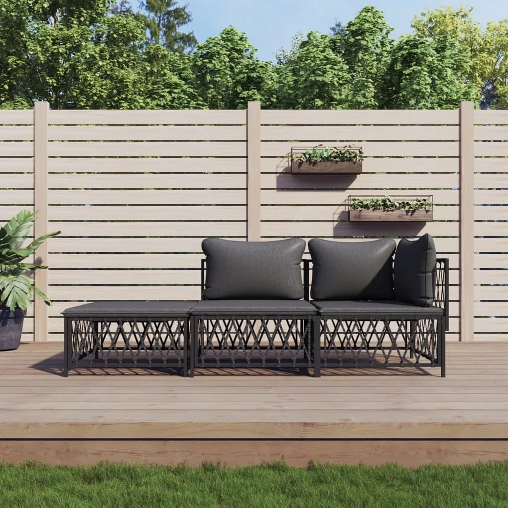 vidaXL 3 pcs conjunto lounge de jardim com almofadões aço antracite