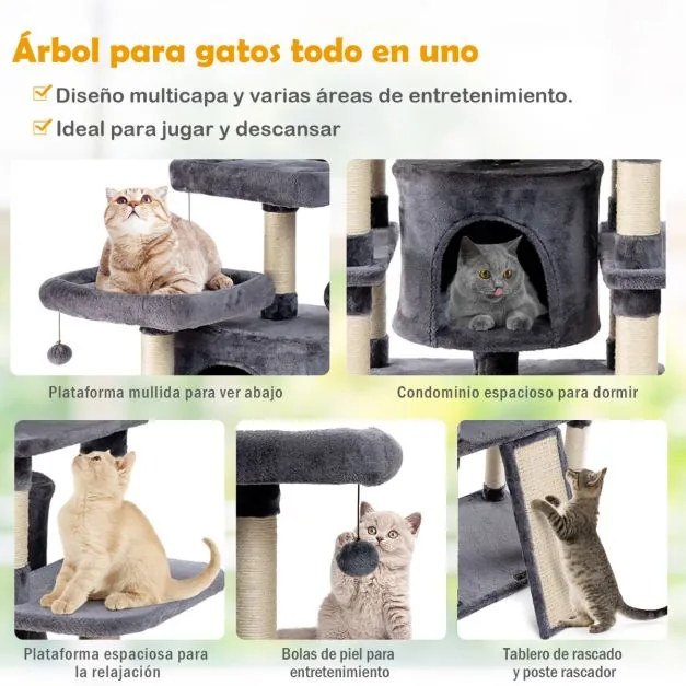 Arranhador para gatos multinível 170 cm com paus para arranhar Centro de actividades Cinzento