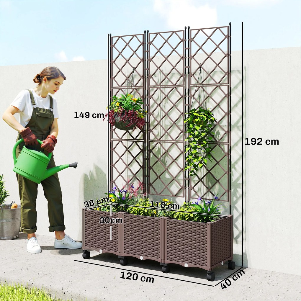 Floreira com Treliça e Rodas com Drenagem para Cultivo de Legumes Flores e Ervas 120x40x192 cm Castanho
