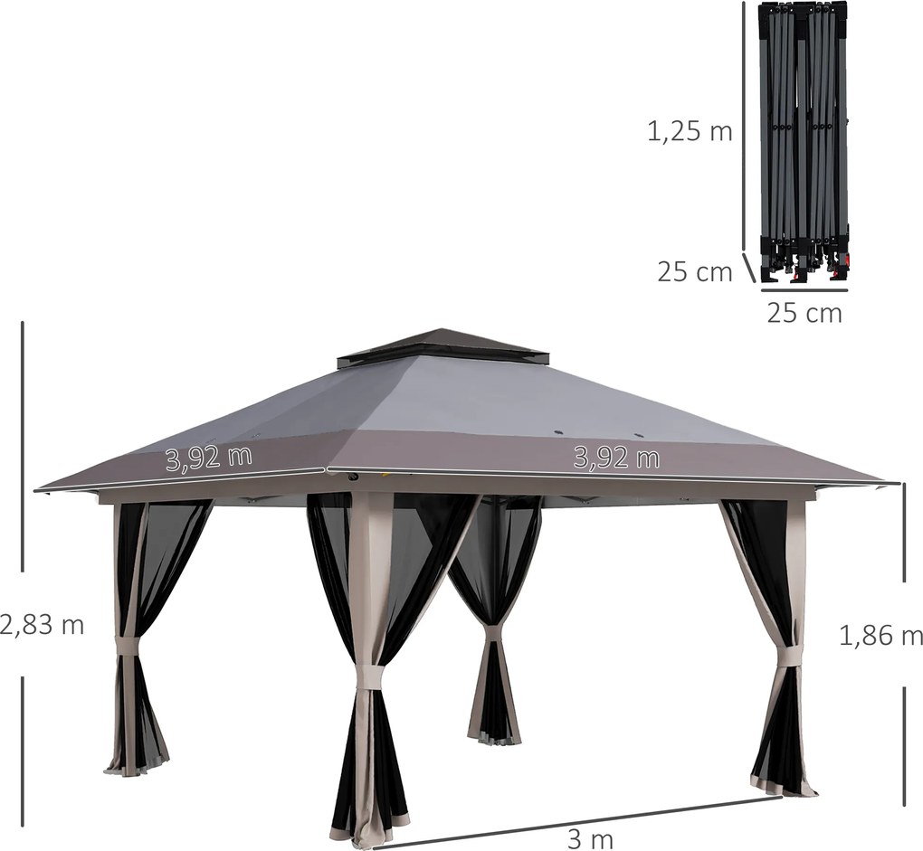 Tenda Dobrável Pop-up com Altura Ajustável Proteção UV50+ Telhado Duplo e Redes Mosquiteiras 4x4x2,8 m Cinzento Claro