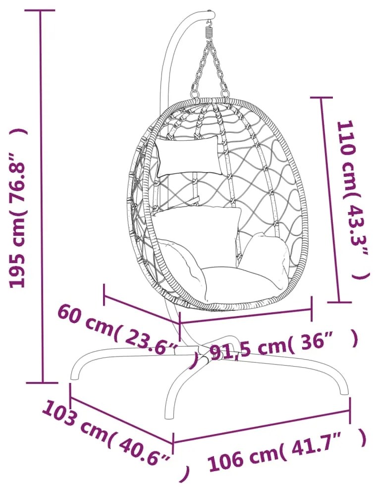 Cadeira forma ovo suspensa vime PE/aço c/ almofadão branco nata