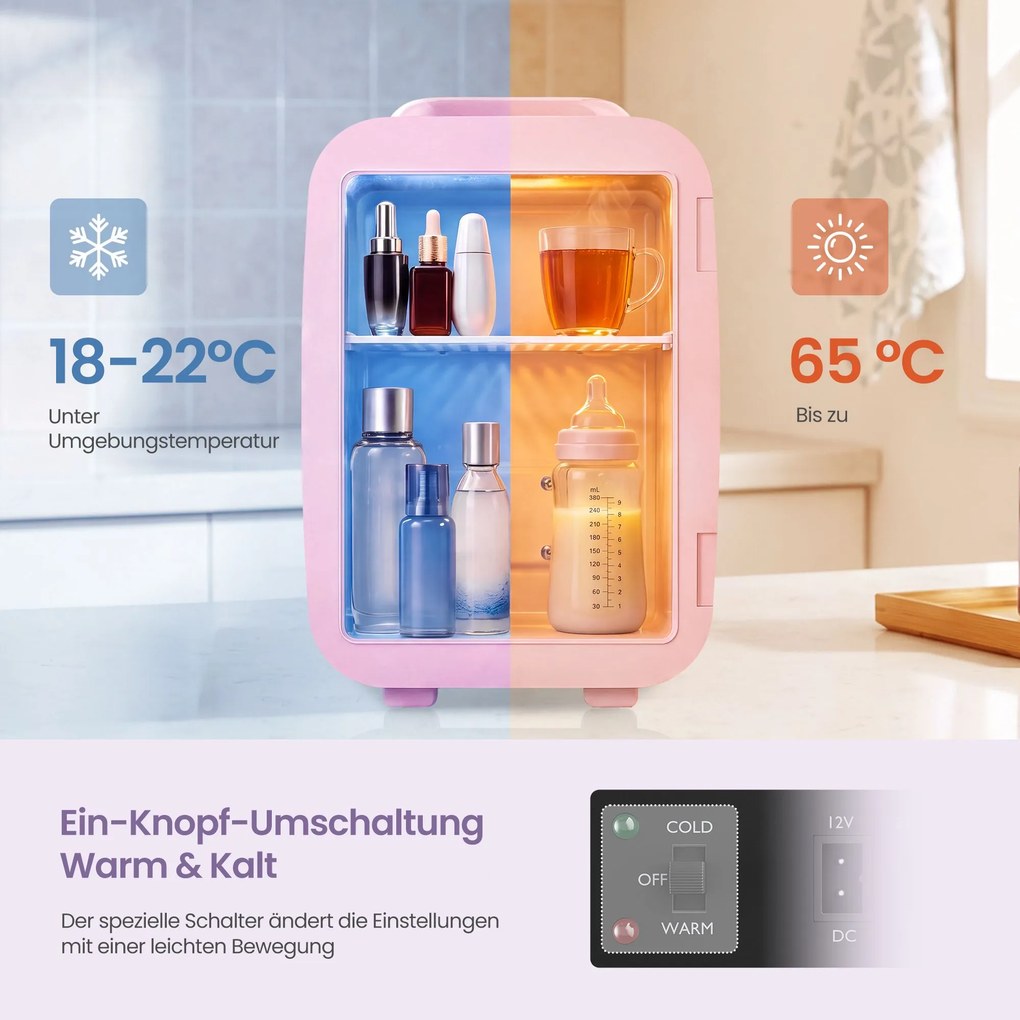 Mini-frigorífico portátil com função de refrigeração e aquecimento, 12 V/230 V, 4 L, 28 x 20,5 x 29,5 cm, rosa
