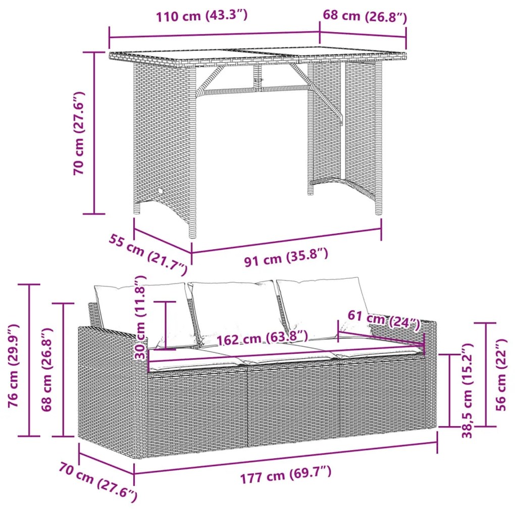 2 pcs conjunto de jantar p/ jardim com almofadões vime PE bege