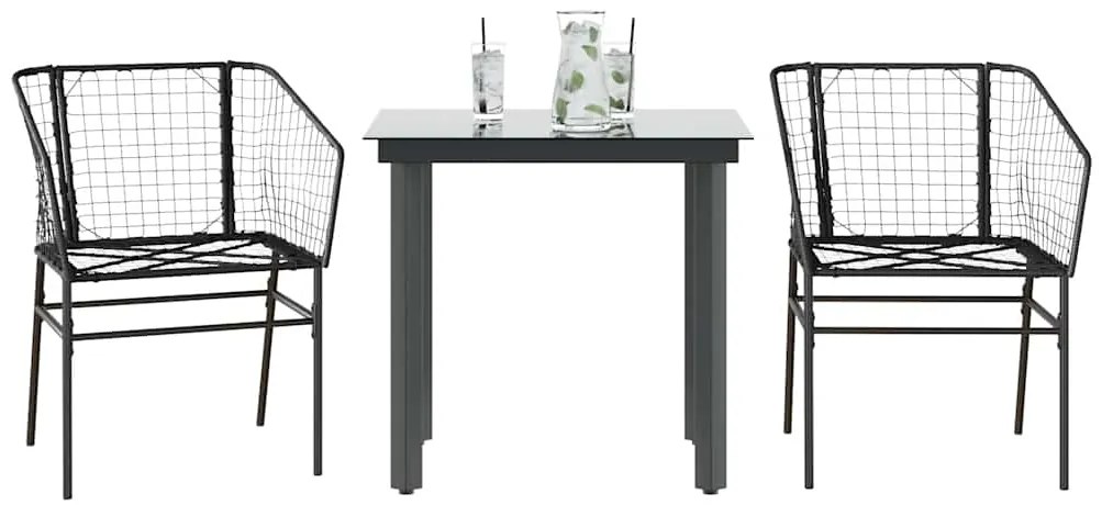 3 pcs conjunto de jantar para jardim vime PE vidro preto