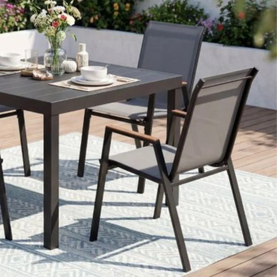 Conjunto de 2 cadeiras de jardim empilháveis, com encosto alto e braços, ergonómicas, em metal e tecido respirável, para terraço ou pátio, cinza