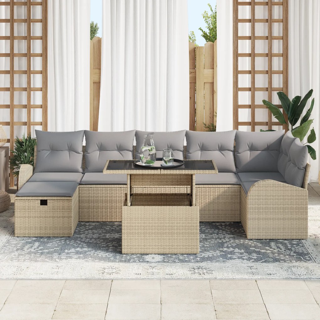 Conjunto de Sofás de Jardim de 8 Peças com Almofadas Bege Poliéster Ra