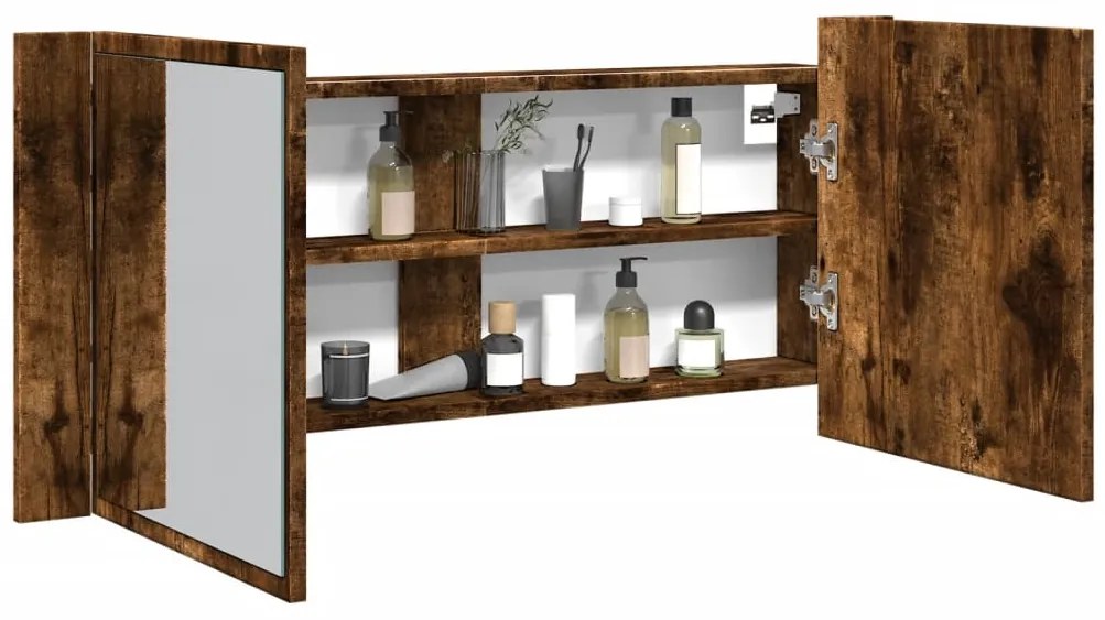vidaXL Armário espelhado casa de banho LED 100x12x45cm carvalho fumado