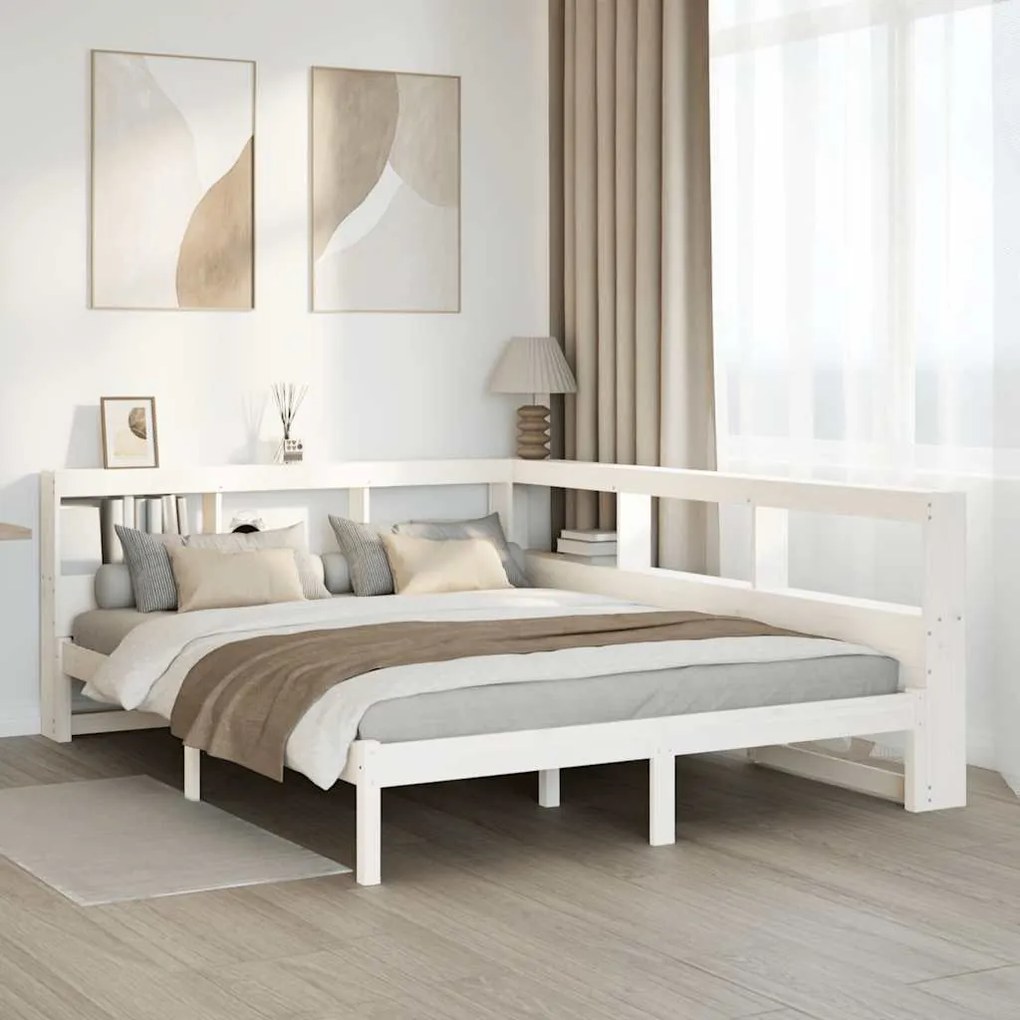 vidaXL Cama com estante sem colchão 150x200 cm pinho maciço branco