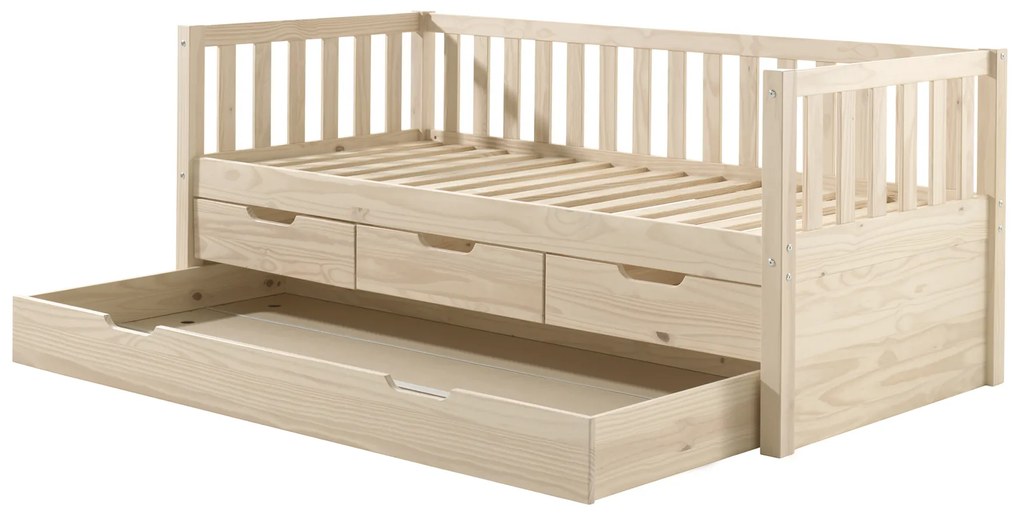 Cama infantil FRITZ (90x200) com 3 gavetas + Gaveta inferior + Estrado Natural