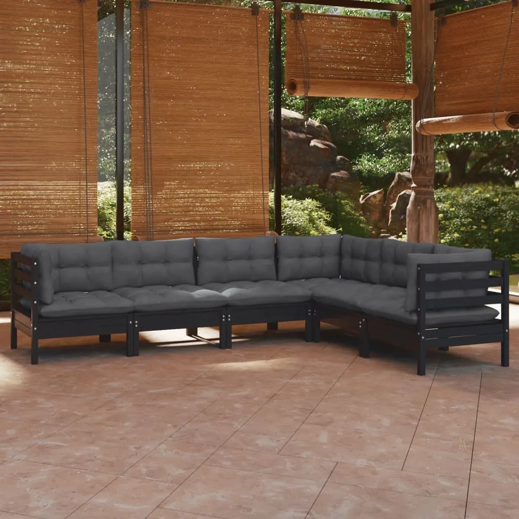 6 pcs conjunto lounge jardim c/ almofadões pinho maciço preto