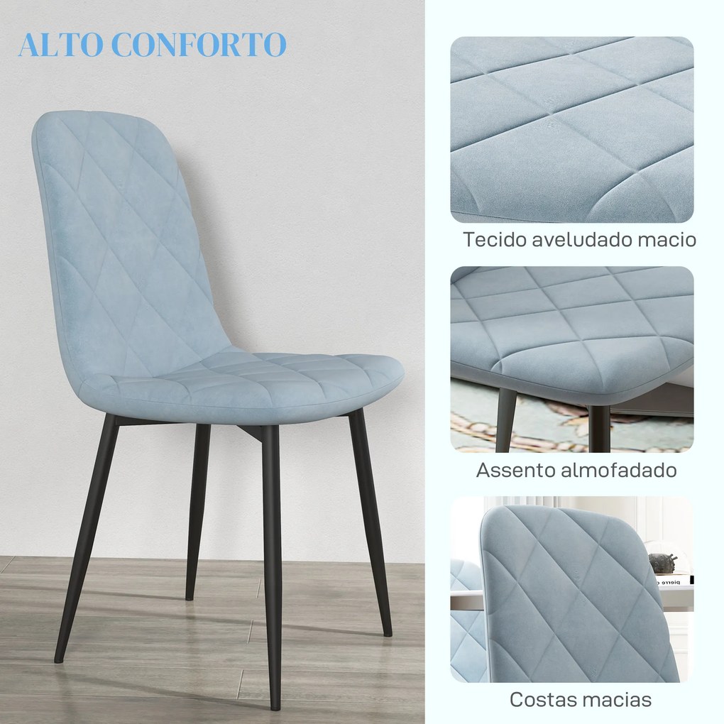 Conjunto de 4 Cadeiras de Jantar Modernas Cadeiras de Cozinha Estofadas em Veludo com Pés de Aço 45x54x87 cm Azul Claro