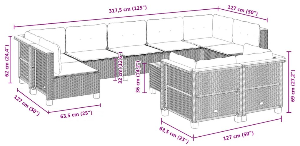 10 pcs conjunto sofás de jardim c/ almofadões vime PE preto