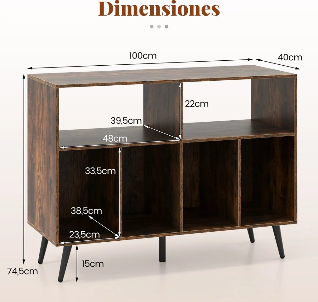 Suporte para gira-discos e discos vinil com 2 prateleiras abertas e 4 compartimentos para sala de estar ou quarto 100 x 40 x 74,5 cm Castanho e preto