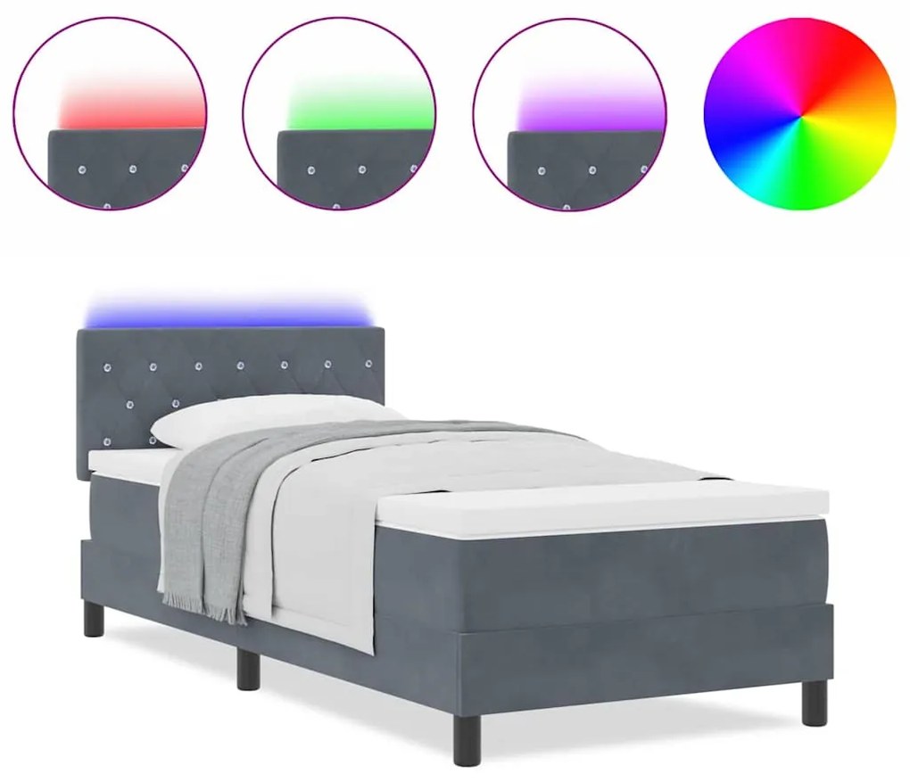 Cama Box com Colchão &amp; LED VidaXL Cinza Escuro 100x200 cm Veludo