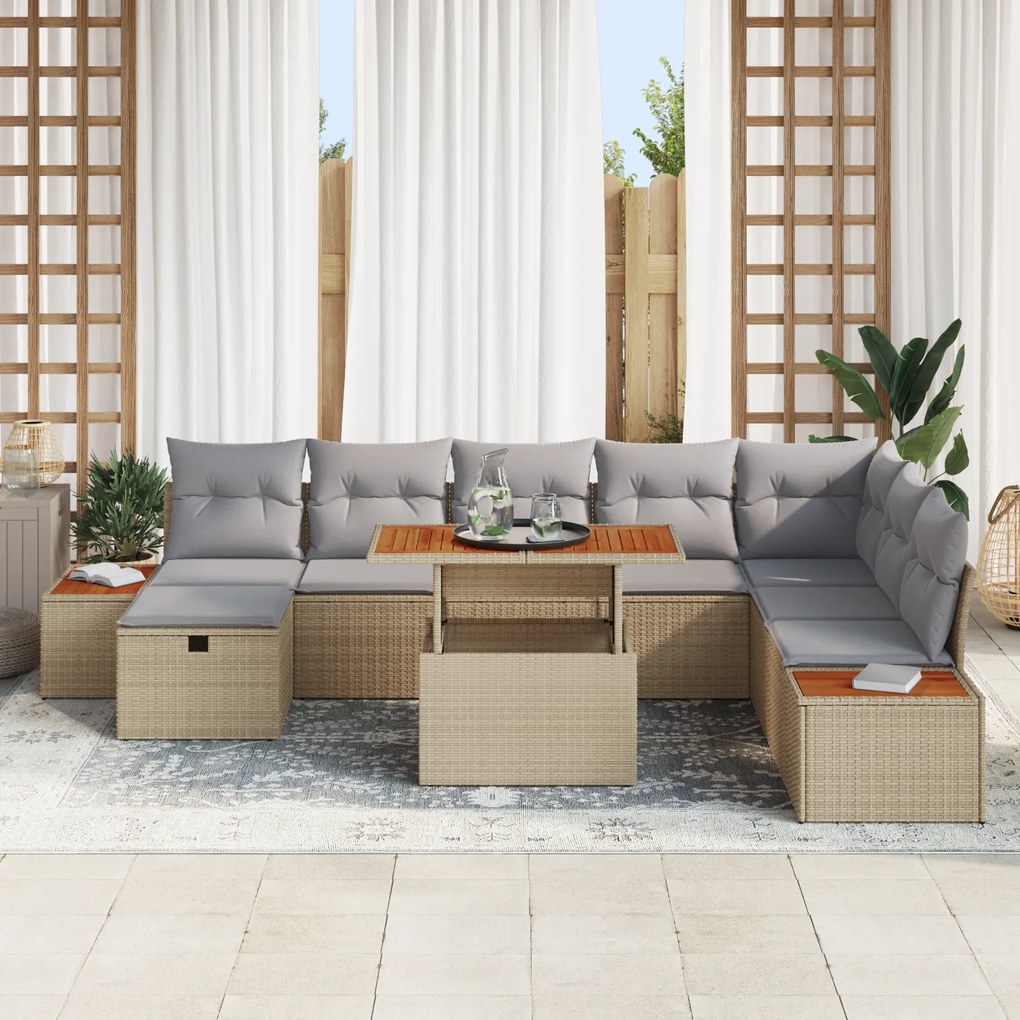Conjunto de Sofá de Jardim de 9 Peças com Almofadas Bege Rattan Poliés