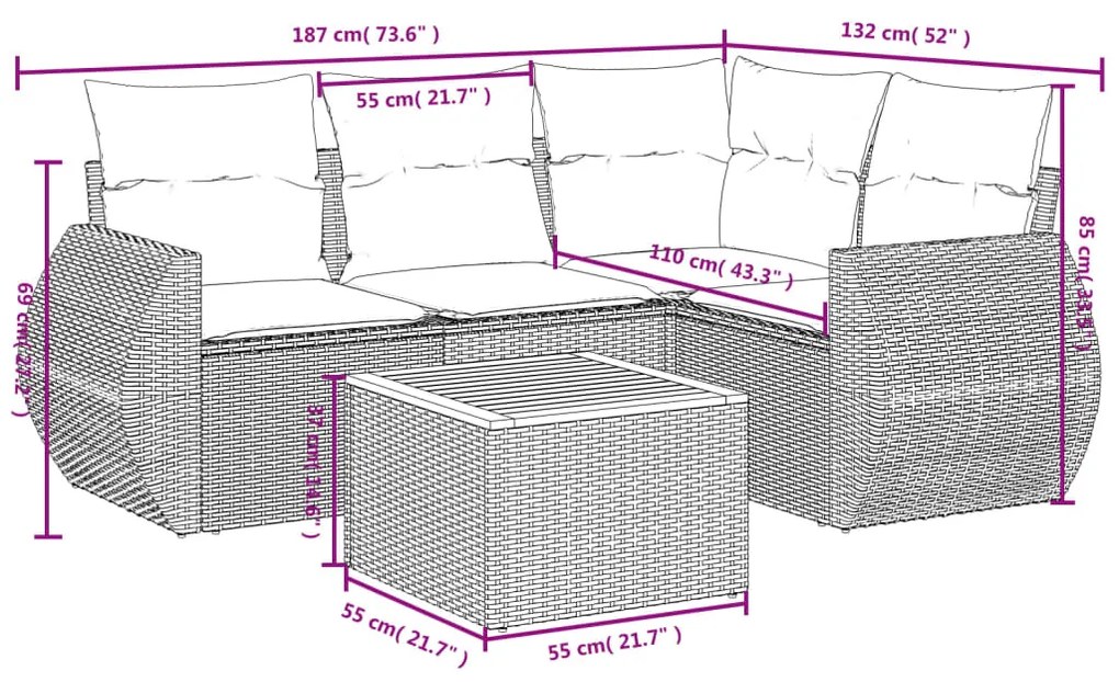 5 pcs conjunto de sofás p/ jardim com almofadões vime PE bege