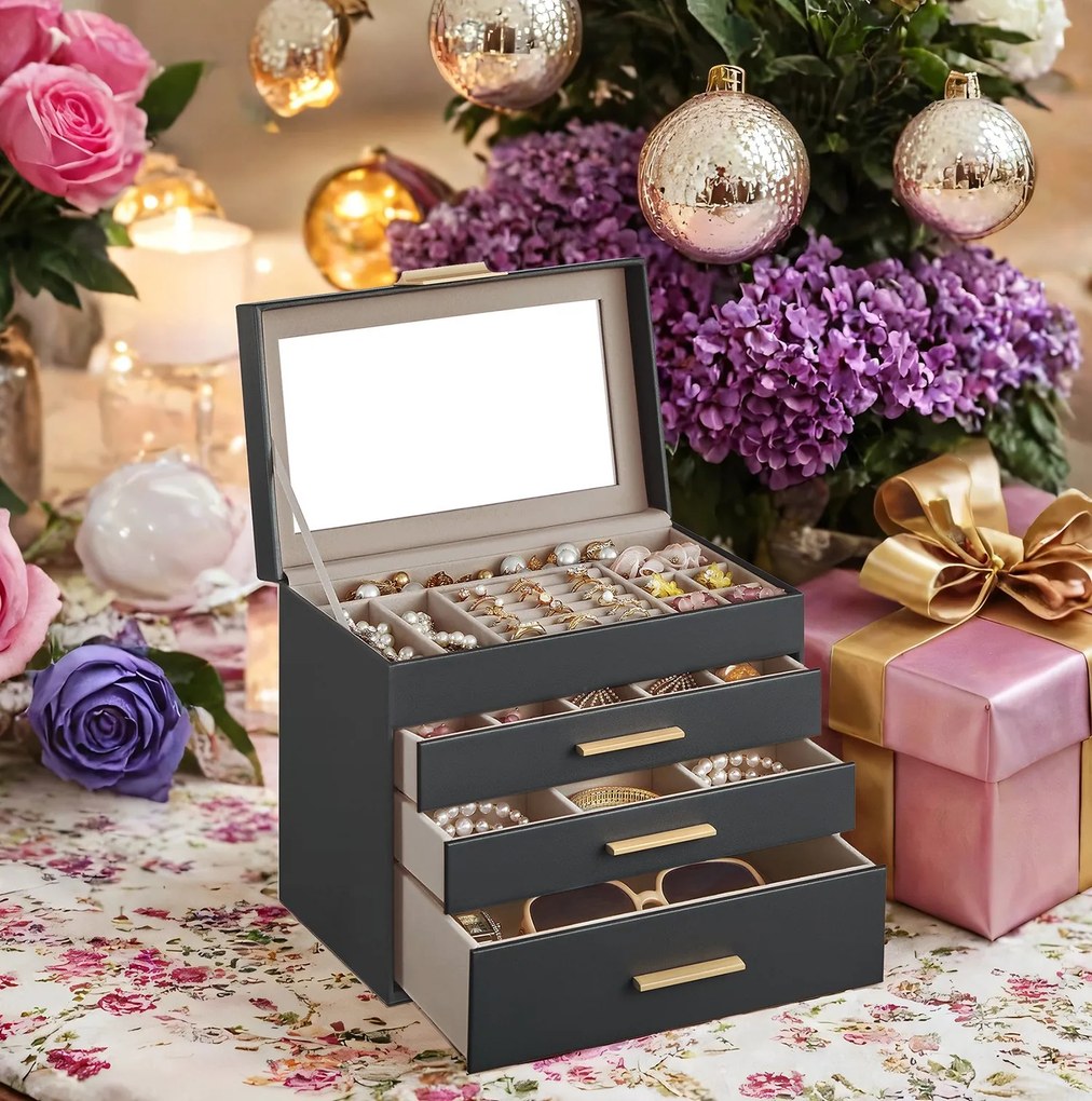 Caixa para joias com 4 níveis 15,3 x 25,1 x 21,5 cm cinzento-dourado