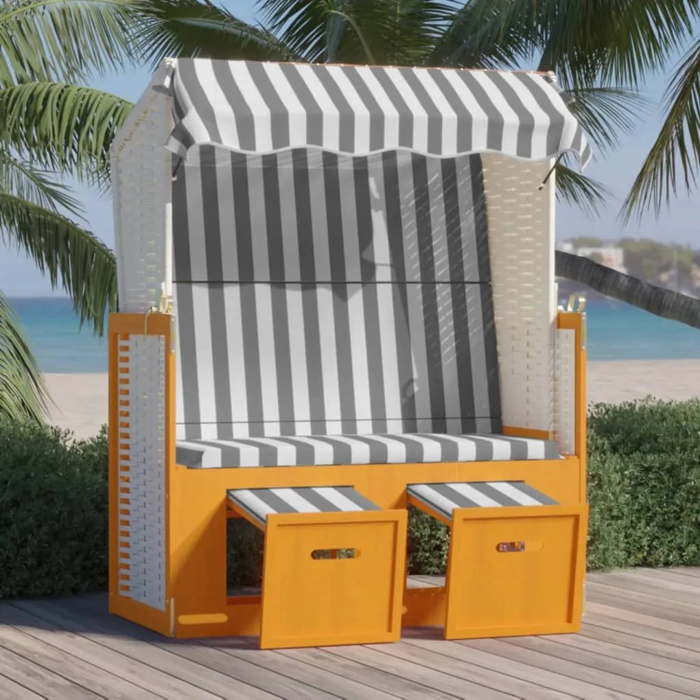 vidaXL Strandkorb com toldo vime PE e madeira maciça branco e cinzento