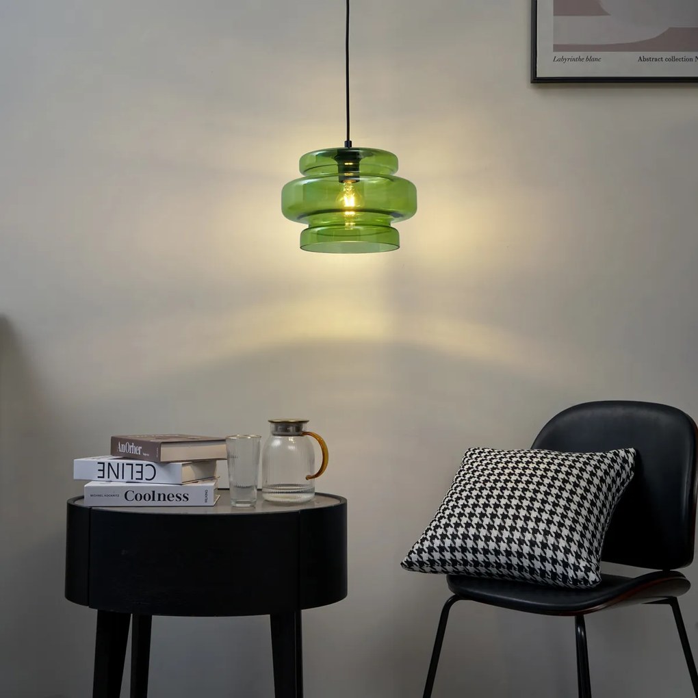 Candeeiro suspenso retro preto com vidro verde - Denise