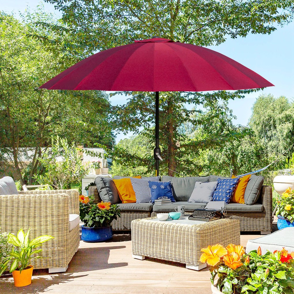 Chapéu de Sol de Jardim Ø2,5x2,4 m com Manivela Manual Mastro Flexível Impermeável e 18 Varas para Exterior Vinho