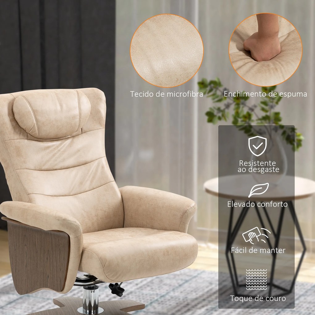 HOMCOM Poltrona Relax com Apoio para os Pés Poltrona Reclinável até 135° e Giratória 360° com Encosto Ajustável para Sala de Estar Escritório 78x83x103cm Bege
