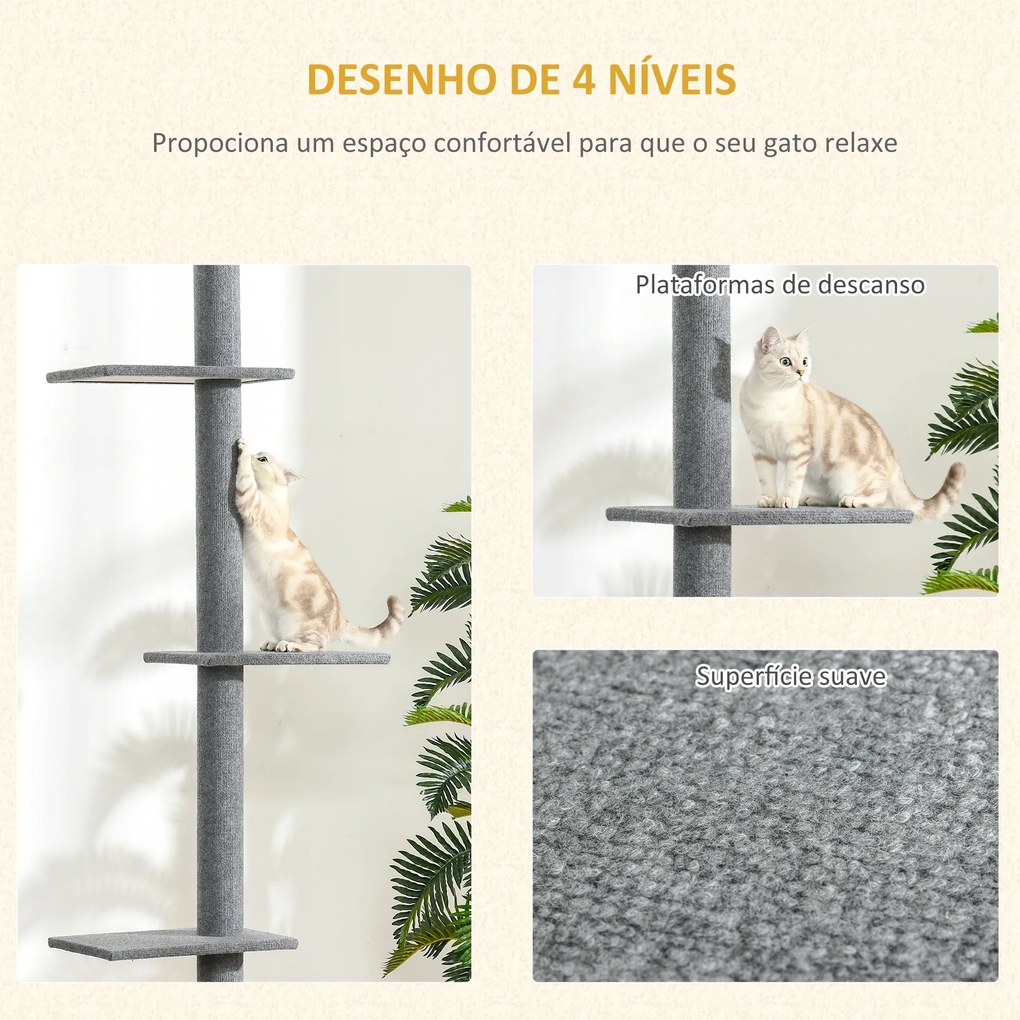 Arranhador para Gatos de Chão ao Teto com Altura Ajustável 4 Plataformas e Poste de Sisal 43x27x228-260 cm Cinza