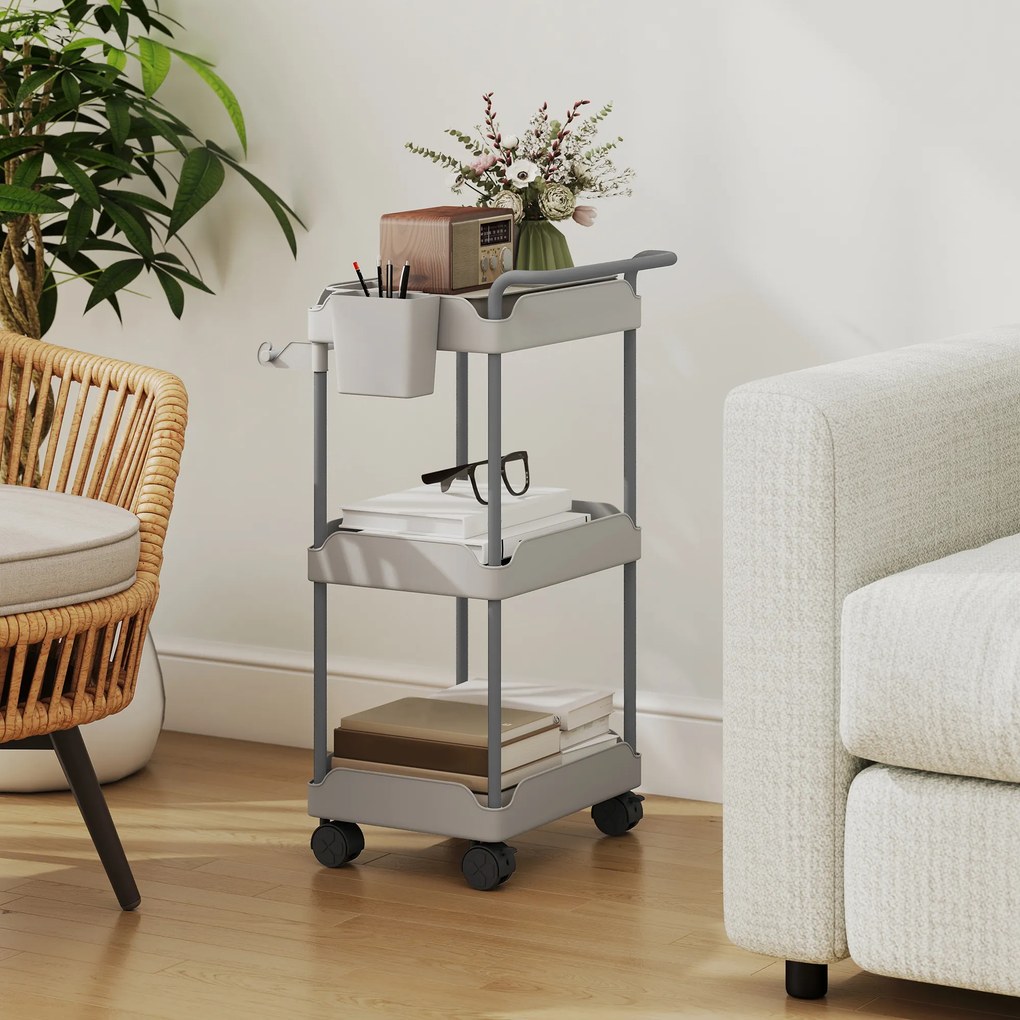 Carrinho Auxiliar com Rodas de 3 Níveis com Cestos Extraíveis Suporte para Toalhas e Estrutura de Metal 42x42,5x76 cm Cinza
