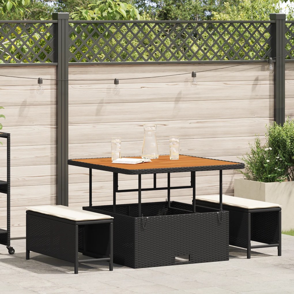 Conjunto de Jantar de Jardim com 3 Peças e Almofadas Preto em Rattan Poliéster e Acácia