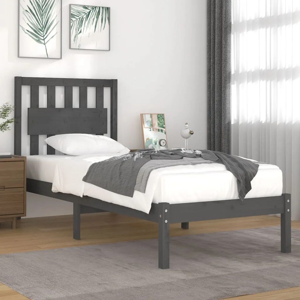vidaXL Estrutura de cama pequena solteiro 75x190 cm pinho maciço cinza