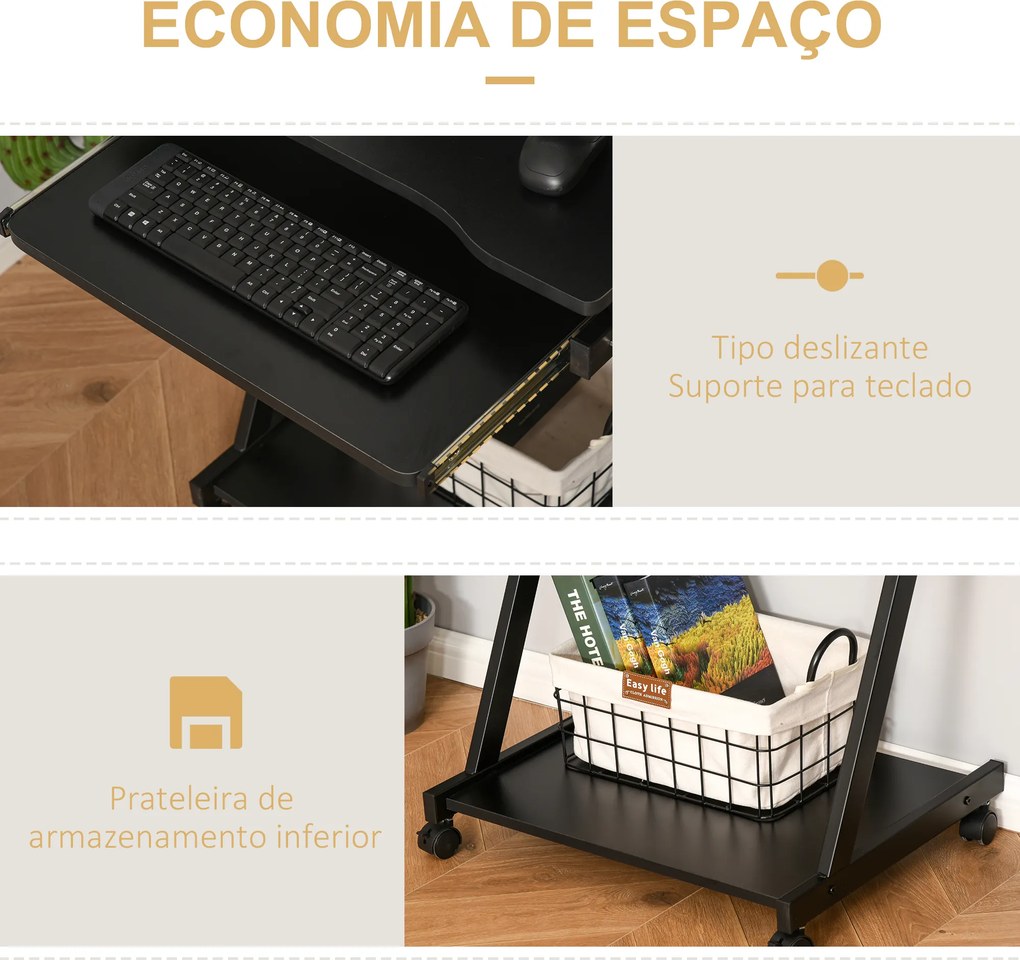 Secretária para Computador com Rodas 60x48 cm com Prateleira Deslizante para Teclado e Prateleira Inferior Estrutura Metálica Preto