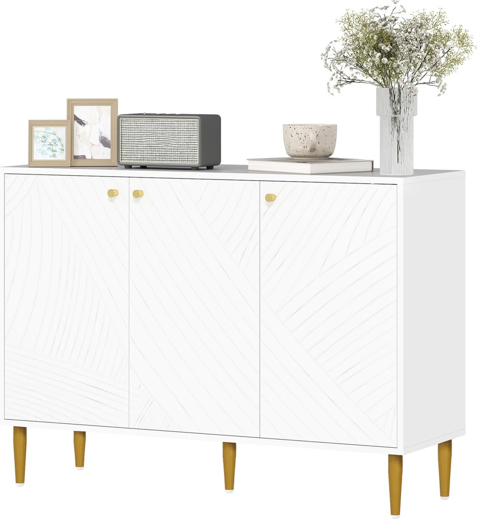 Aparador com 2 armários de 3 portas, prateleiras ajustáveis e pés dourados em aço, 107 x 35 x 77 cm, branco