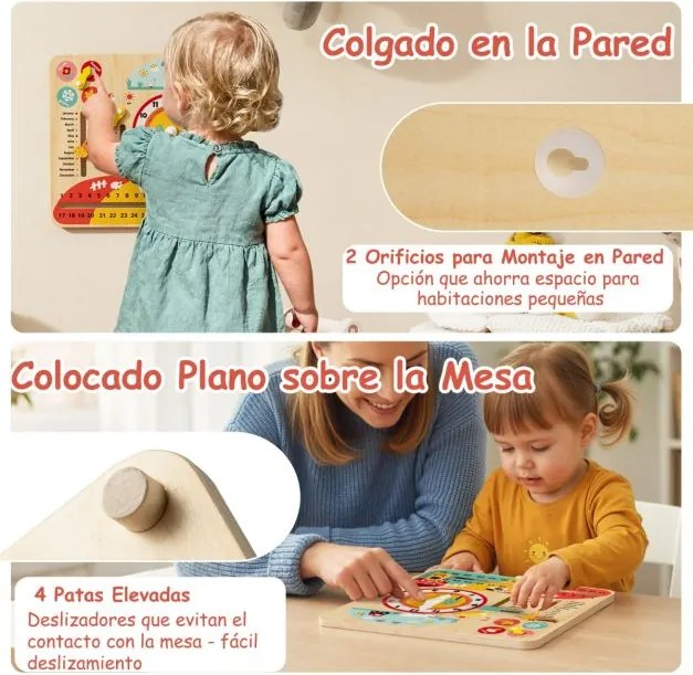 Brinquedo de madeira Montessori para crianças pequenas Relógio educativo para aprender sobre as estações e as datas Calendário multicolorido