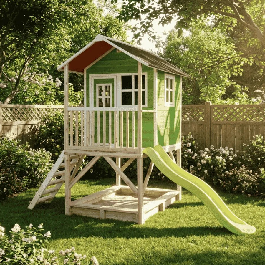 Casa de brincar infantil exterior para crianças Loft 500 em madeira com escorrega e caixa areia - Verde
