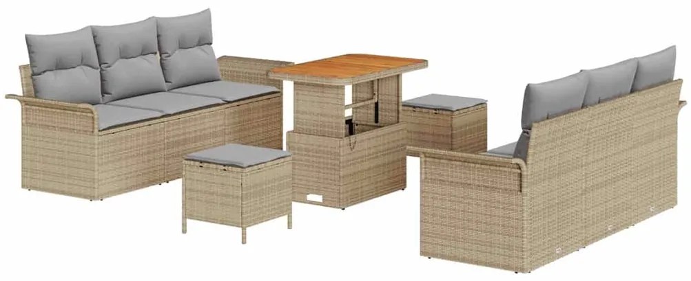 Conjunto de Sofá de Jardim com 9 Peças com Almofadas Bege Rattan Poly