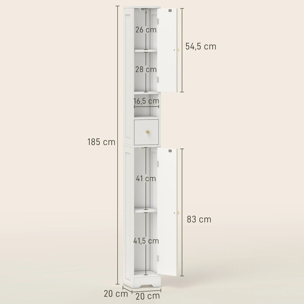Armário de coluna para casa de banho 20 x 20 x 185 cm, móvel de arrumação, 2 portas, gaveta, compartimento aberto, prateleira ajustável, branco