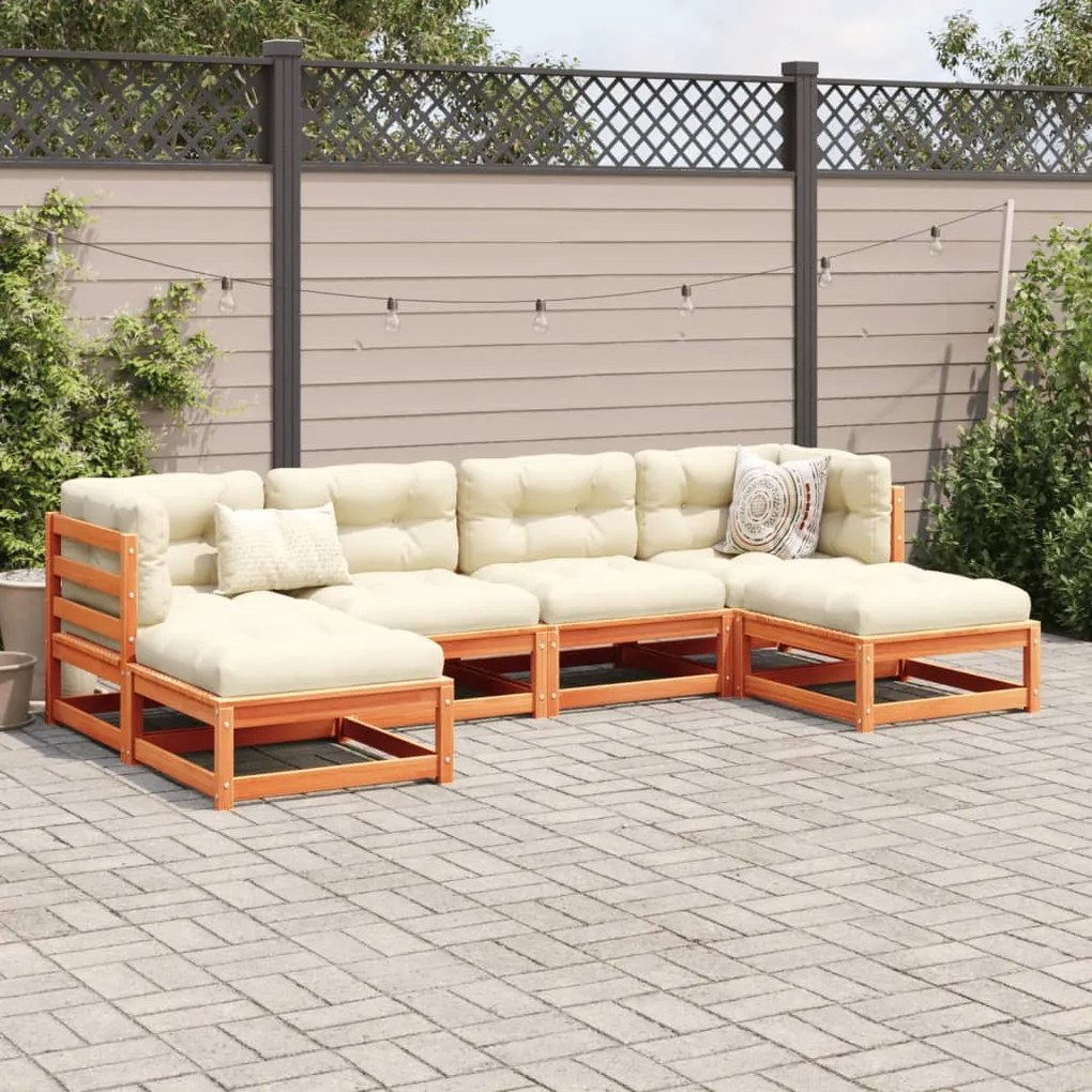 6 pcs conj. sofás jardim almofadões pinho maciço castanho cera