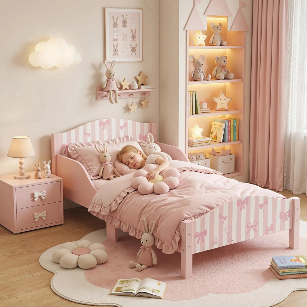 Cama de Criança com Laços, 146 x 76,5 x 54,5 cm (COLCHÃO NÃO INCLUIDO), Barreira de Segurança Elevada, Rosa