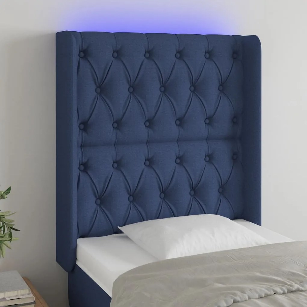 Cabeceira de cama c/ luzes LED tecido 83x16x118/128 cm azul