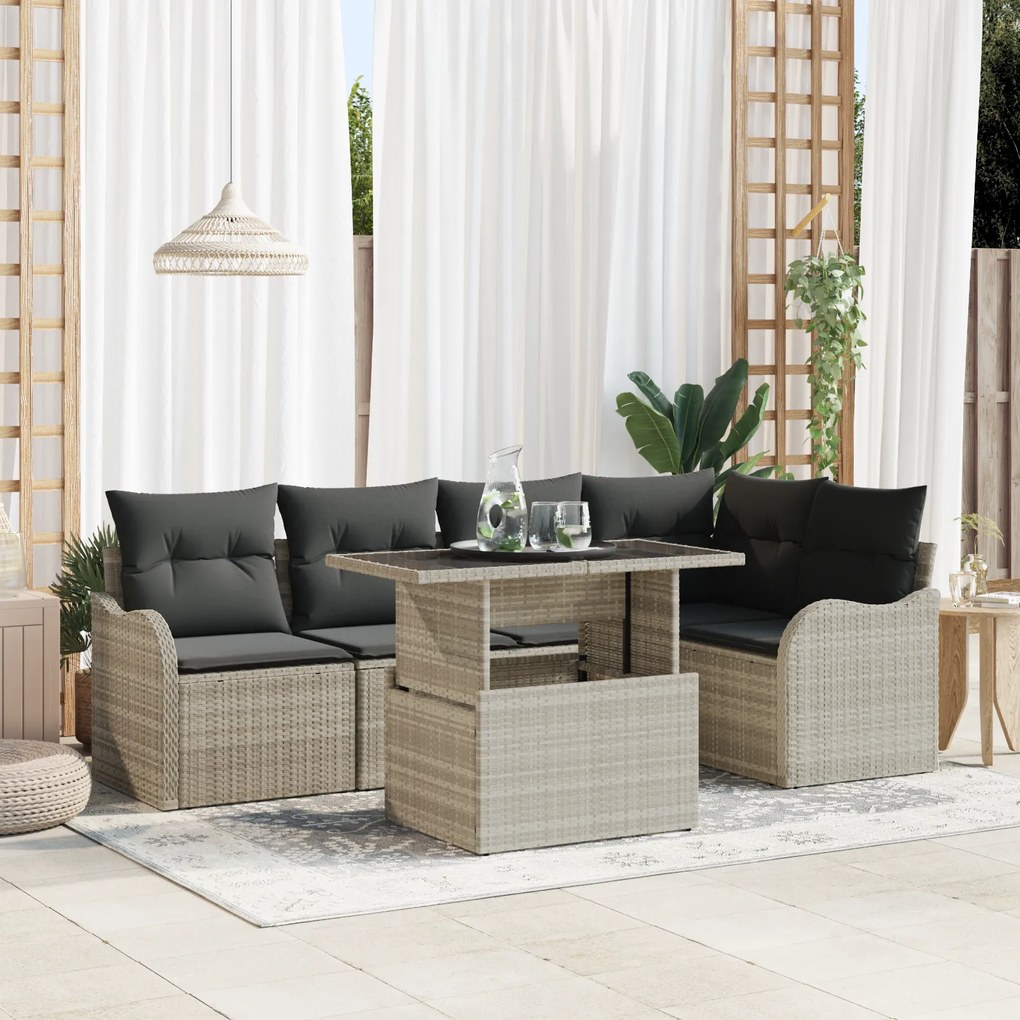 vidaXL Conjunto de Sofá de Jardim de 6 Peças com Almofadas em Rattan Poliéster Cinza Claro