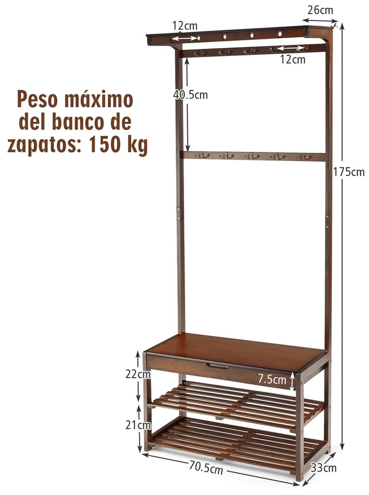 Cabide Hall de entrada Banco de Casacos Organizador e Sapataria Sala Multiusos Escritório Quarto de escritório 70,5 x 33 x 175 cmitorio Café 70,5