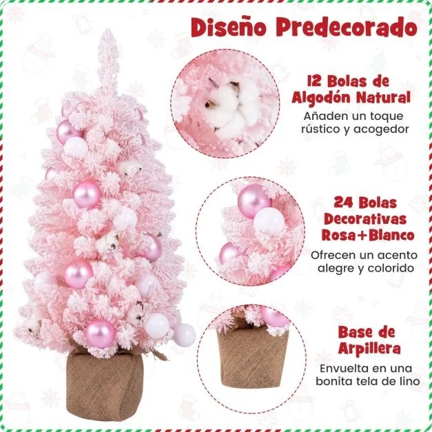 Mini Árvore de Natal artificial de mesa de 90 cm pré-decorada com 12 bolas de algodão 24 bolas decorativas Ramos de neve Rosa