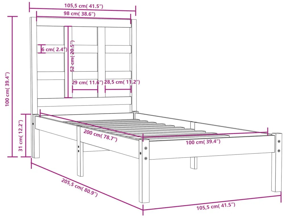 Estrutura de cama 100x200 cm madeira maciça branco