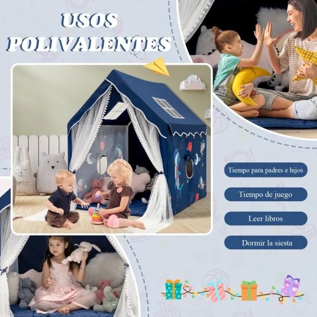 Tenda para crianças com tapete almofadado amovível 121 x 105 x 137 cm Azul