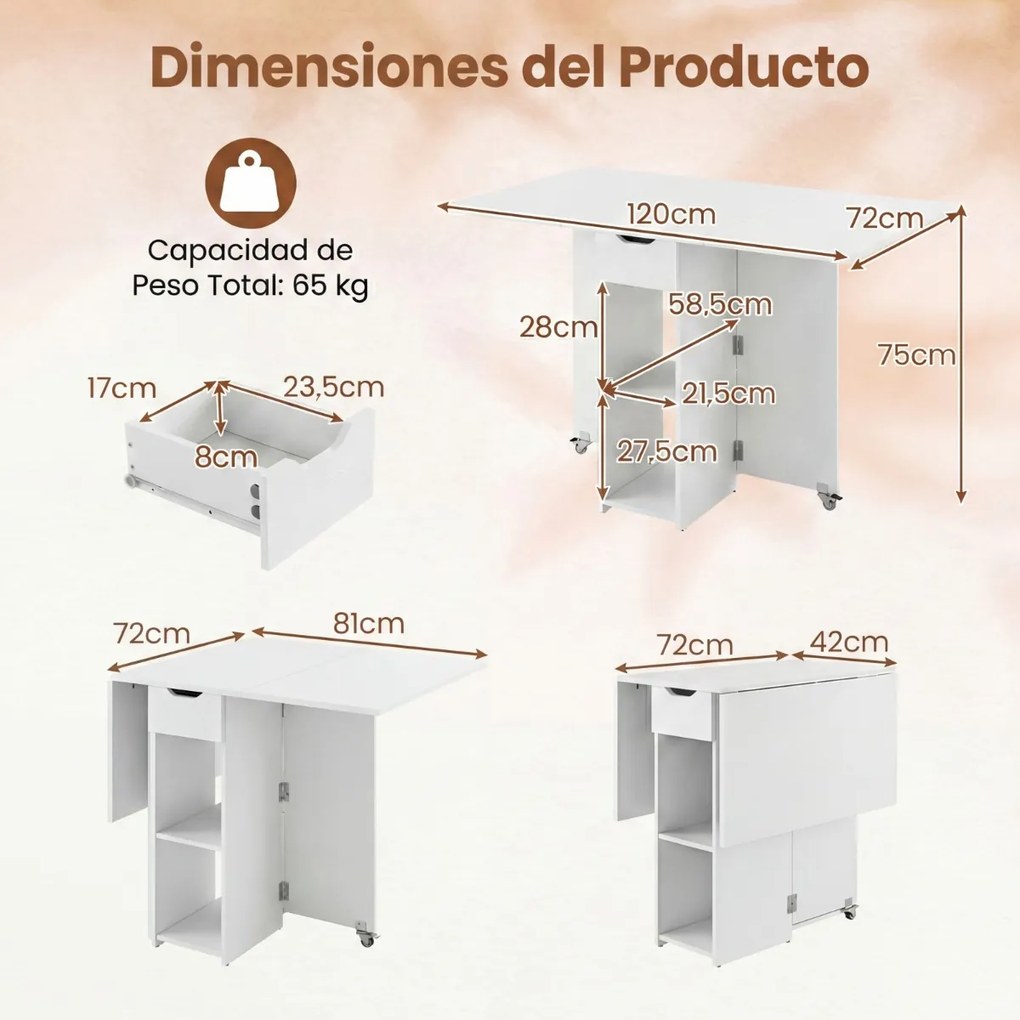 Mesa de jantar extensível 120 x 72 x 75 cm com 2 rodas; mesa de cozinha dobrável com prateleira, gaveta de 2 compartimentos e abas rebatíveis branca