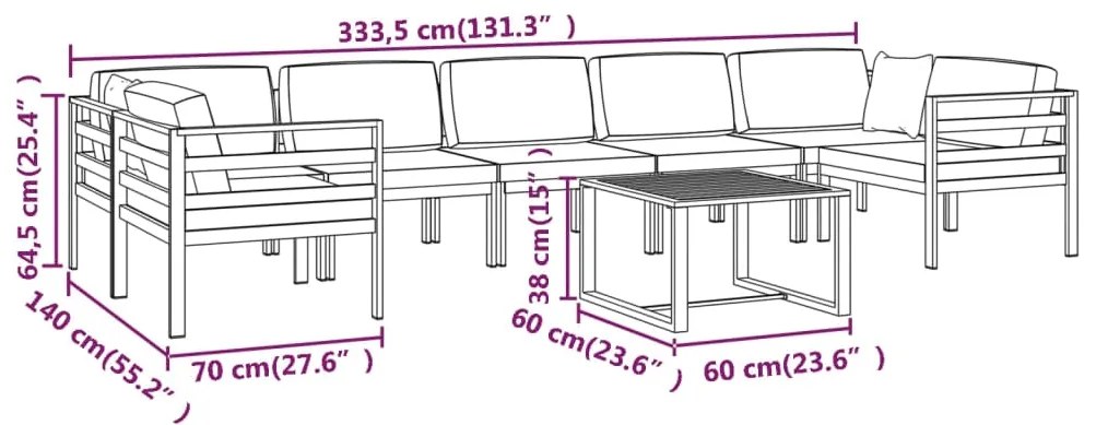 8 pcs conjunto lounge jardim com almofadões alumínio antracite