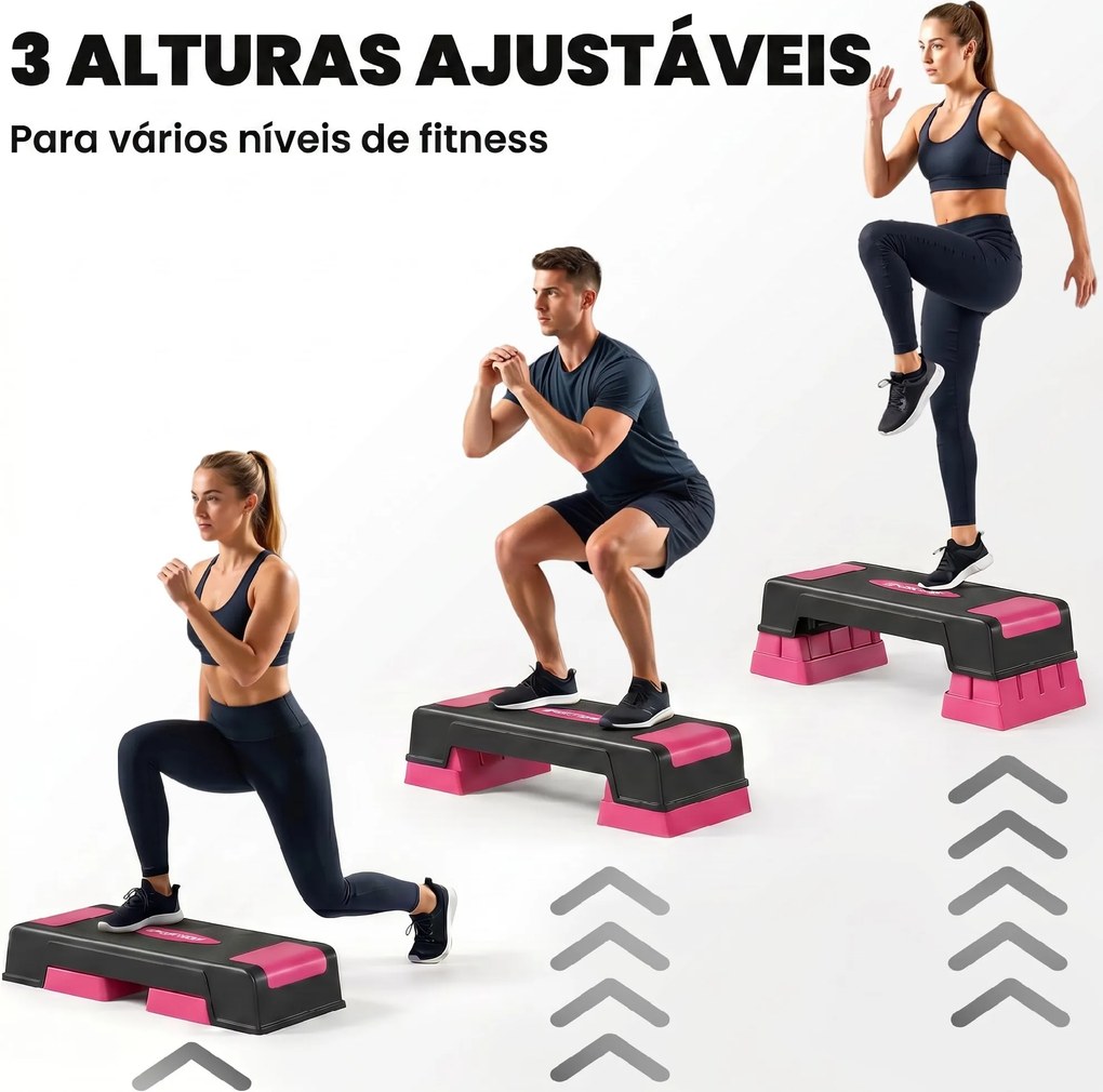 Step Aeróbico Step para Fitness com Altura Ajustável 12/17,5/22,5 cm Suporta 250 kg para Casa ou Ginásio Rosa