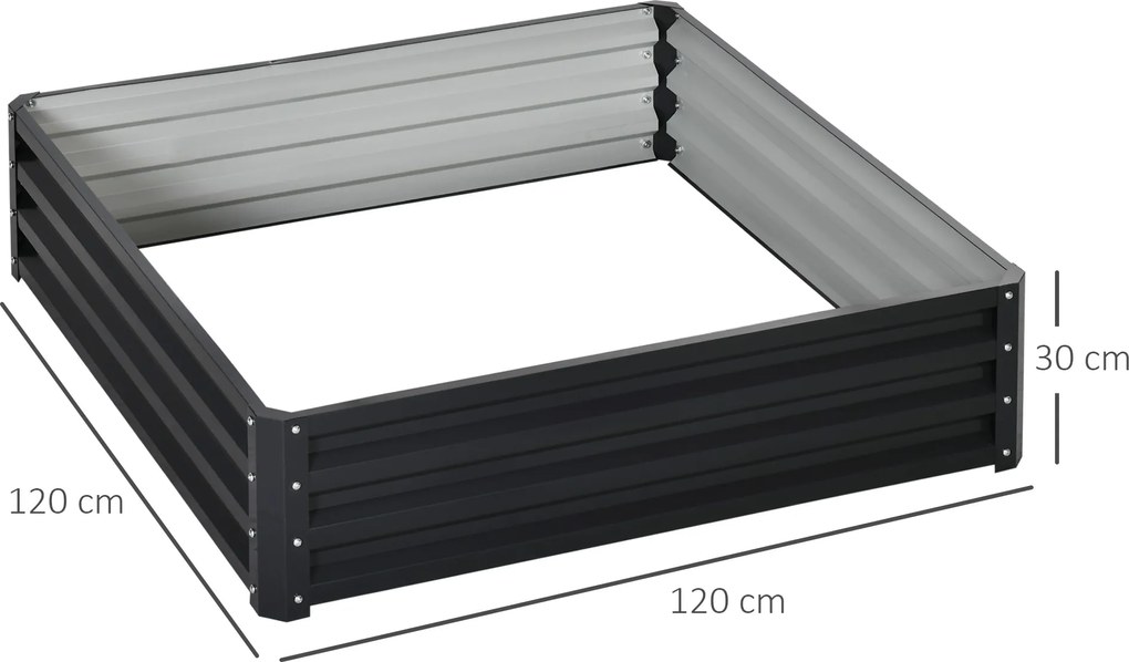 Floreira de horta quadrada em aço galvanizado, 120 x 120 x 30 cm, cinzento