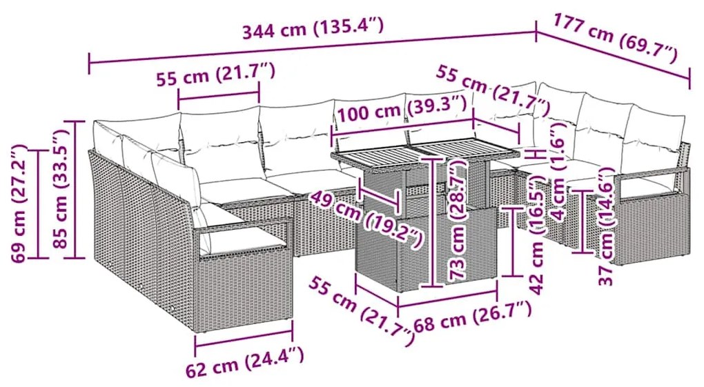 Conjunto de Sofá de Jardim de 11 Peças com Almofadas Bege em Polyratta