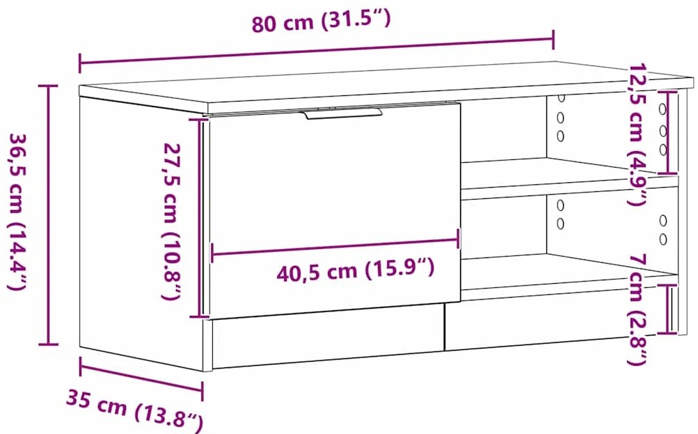 Aparador de TV vidaXL Preto Carvalho 80x35x36,5 cm Madeira Engenharia