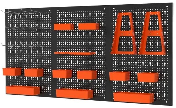 Organizador de parede Ferramentas (Não Incluidas) 120 x 60 x 2 cm com painel perfurado com 9 recipientes Preto e laranja